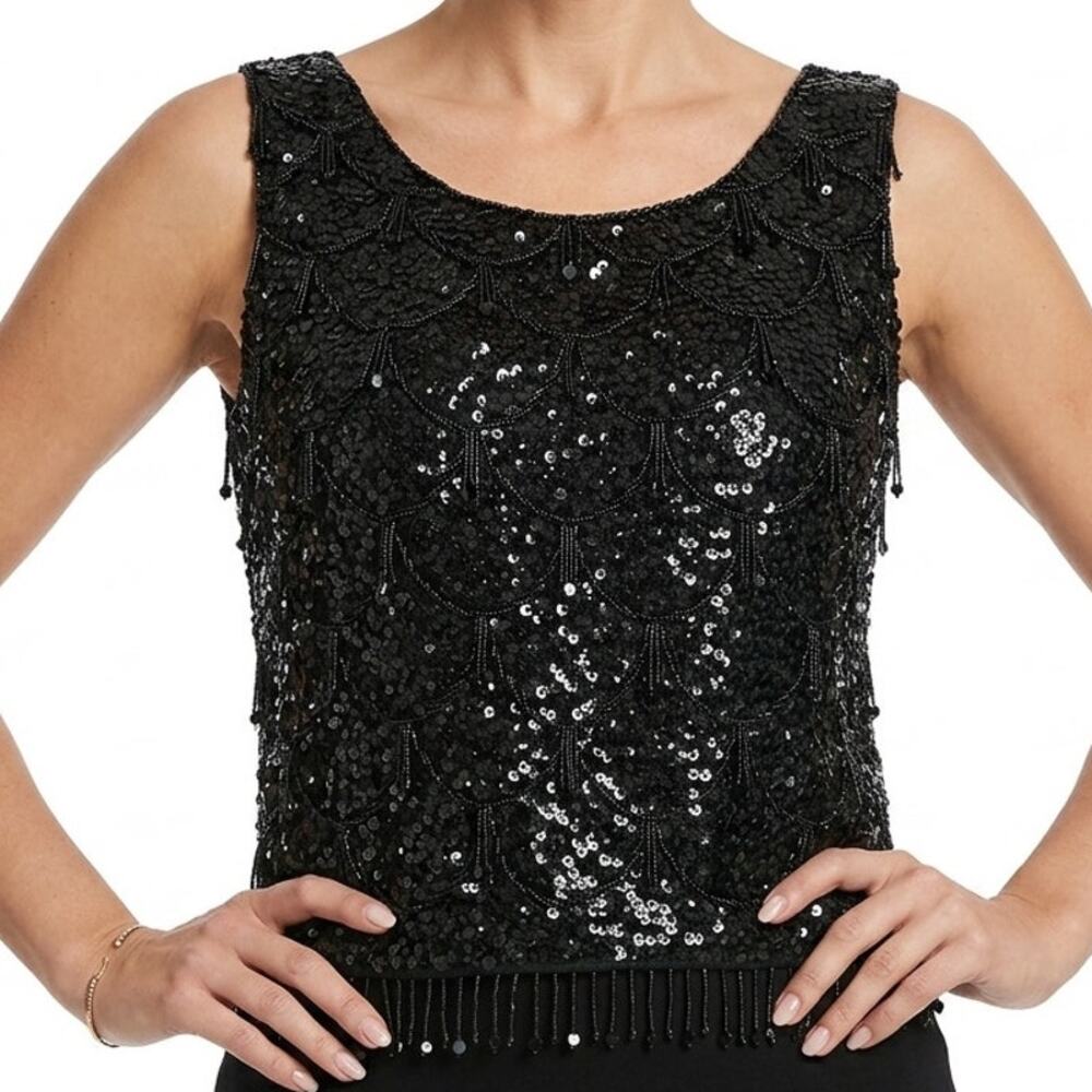 Vintage 70s Black Sequin Scallop Beaded Fringe Black Crop Wool Tank Top size M